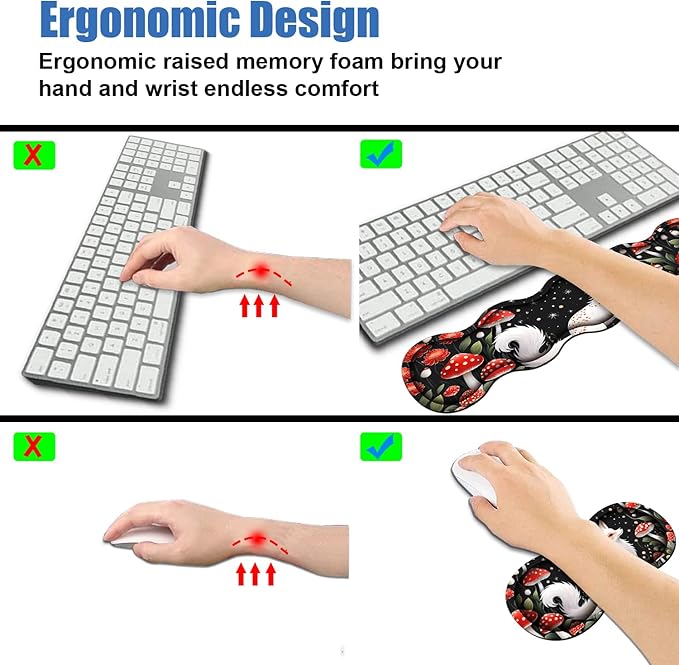 4 in 1 Ergonomic Memory Foam Mouse Pad Wrist Rest Set Large XXL Gaming Desk Pad + Keyboard Wrist Rest + Mouse Wrist Cushion + Coaster for Home Office Study Gaming White Fox Mushroom