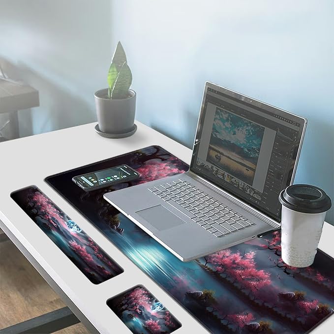 Large Gaming Mouse Pad+Memory Foam Ergonomic Keyboard Wrist Rest Support+Wrist Rest+Coaster Extended Desk Pad Set Stitched Edge Non Slip Desk Mat 4PC for Office &amp Home Moon Cherry Blossom