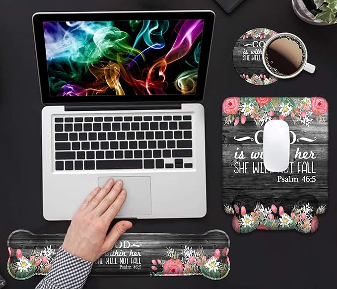 Wrist Rest Support Ergonomic Gel Mouse Pad &amp Memory Foam Keyboard Set Non-Slip Rubber PU Base for Home Office Working Studying Easy Typing &amp Pain Relief - Floral Quote Bible Verses Psalm 46:5