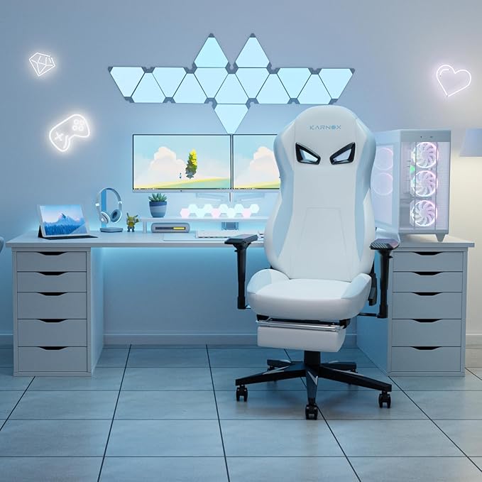 KORNOX Ergonomic Gaming Chair PU Leather with Footrest for AdultsOffice Chair High BackGaming Chair Racing Height Adjustable for TeensGame Chair with Headrest and Lumbar Support for GirlWhite
