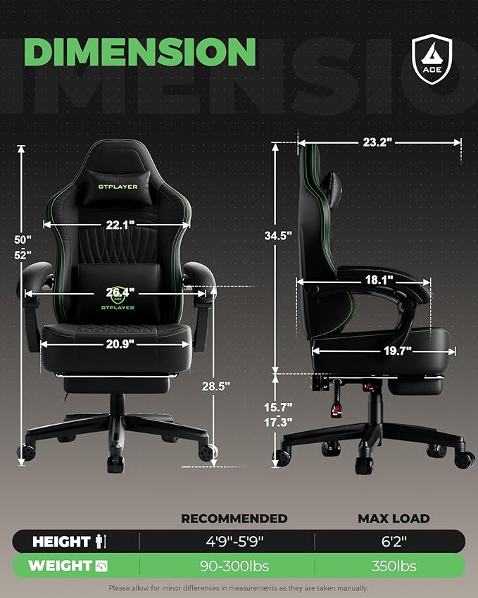 GTPLAYER Big and Tall Gaming Chair with Footrest Extra Wide Seat Video Game Chairs for Adults - Padded High Back Ergonomic Reclining Silla Gamer Linkage Armrest Ace Pro Green