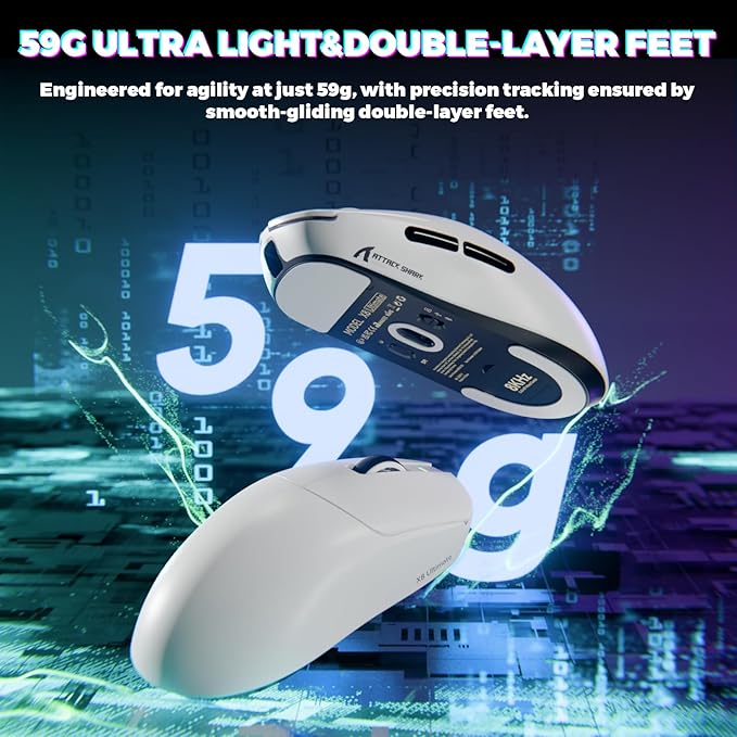 MAMBASNAKE Attack Shark X8 Ultimate 8K Wireless Gaming Mouse42K DPI PAW3950MAX SensorNordic 54L15 Chip59g LightweightOptical Switches RGB Receiver for PC/Mac/WinWhite
