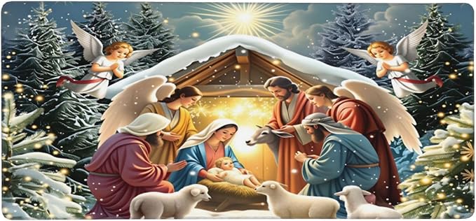 XXL Gaming Mouse Pad Extended (35.5X16) Nativity Scene Large Non-Slip Desk Mat Water-Resistant Keyboard Mousepad for Office &amp Home