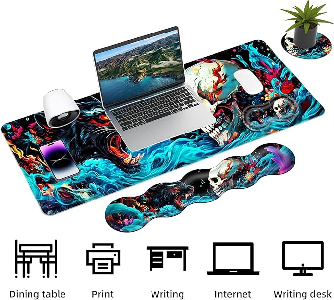Keyboard Mouse Pad Set Extended Gaming Mouse Pad+Ergonomics Keyboard Wrist Rest Support Memory Foam Easy Typing Pain Relief 4Pcs XL Ultra Thick Desk MatNeon Leopard and Skull