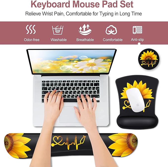 Mouse Pad Wrist Guard and Keyboard Wrist Rest Ergonomic Wrist Protection Non-Slip Rubber Base Mouse Pad Sunflower and ECG Stethoscope Pattern Personalized Fashionable Black Office Accessories