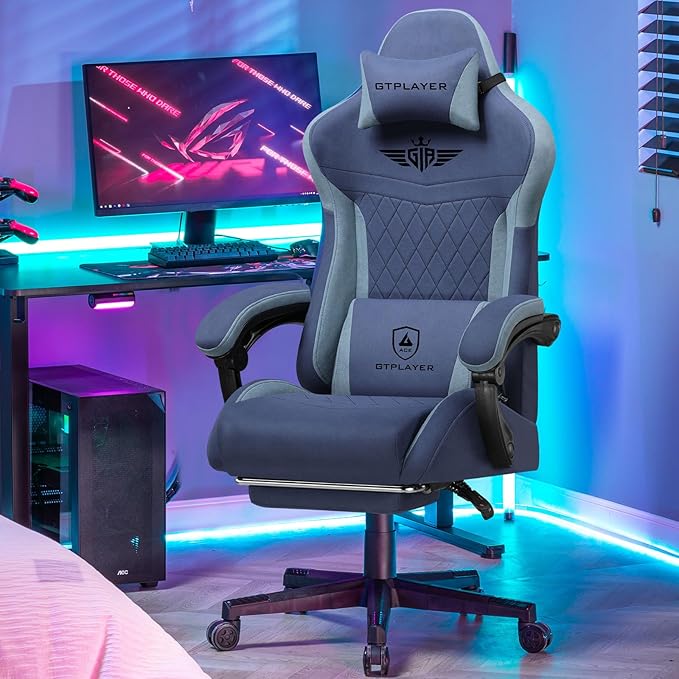 GTPLAYER Gaming Chair Video Game Chairs with Footrest and Lumbar Support Computer Chair for Adults with Extended Backrest Ergonomic Reclining Silla Gamer Fabric Dark Blue