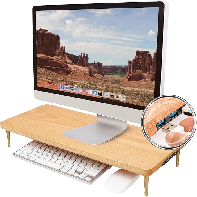 Wood Riser Monitor Stand with USB Ports Computer Stand w/Slot for Tablet &amp Cellphone Computer Riser w/Big Storage Dual Monitor Riser for PC Computer Laptop Printer