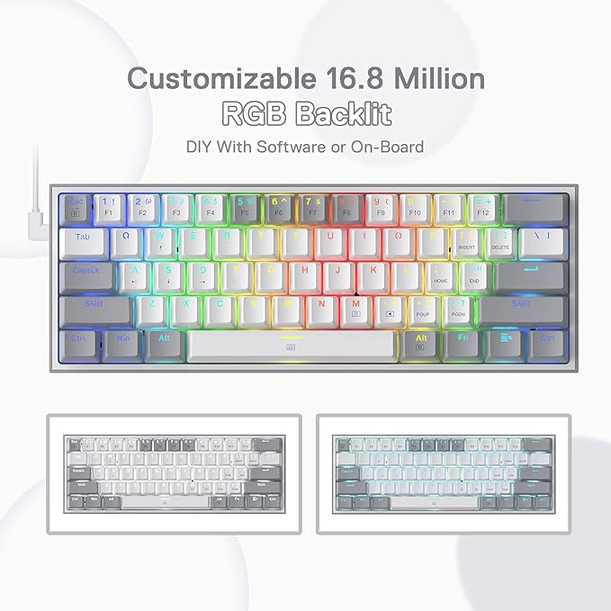 Redragon K617 Fizz 60% Wired RGB Gaming Keyboard 61 Keys Hot-Swap Compact Mechanical Keyboard w/White and Grey Color Keycaps Linear Red Switch Pro Driver/Software Supported