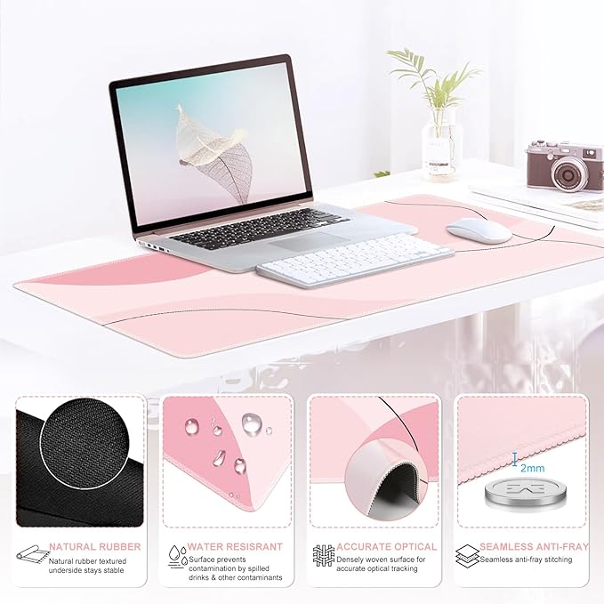iCasso Large Gaming Mouse Pad Wrist Support Set Desk Mat 4in1 XXL Mousepad + Keyboard Wrist Rest+Mouse Wrist Rest+Coaster Set with Ergonomic Design for Home Office Table Computer-Pink Art