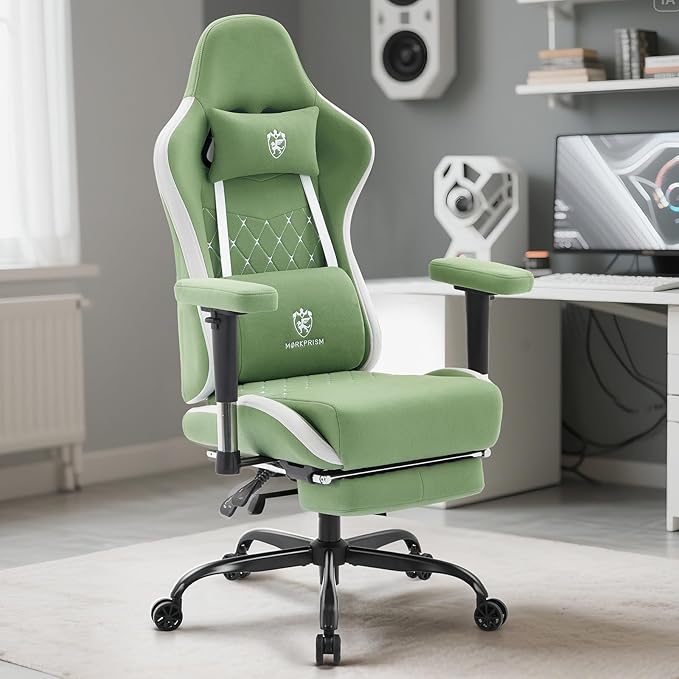 Gaming Chair Breathable FabricComputer Office Chair with FootrestMassage Lumbar Support and Gel PadErgonomic Reclining Gamer Chair with Adjustable Armrests and Spring Cushion Green