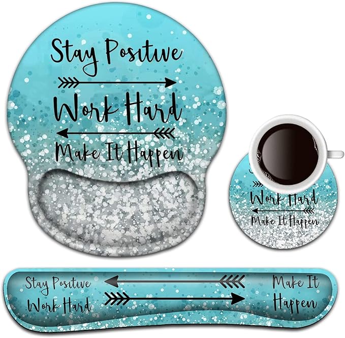 Keyboard Wrist Rest and Mouse Pad with Wrist Support Ergonomic Mouse Pad CoasterEasy Typing Pain ReliefKeyboard Mousepad SetStay Positive Work Hard and Make It Happen Blue Glitter