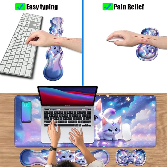 4 in 1 Ergonomic Keyboard Wrist Rest &amp Mouse Pad Wrist Rest Set Large XXL Gaming Desk Mat 31.5x 11.8 with Non-Slip Base Memory Foam for Home Office Study Gaming Cute Cat