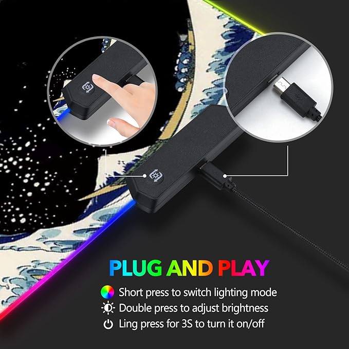 RGB Gaming Mouse Pad Large AIMSA Keyboard Led Mousepad Extended 35.4 x 15.8 inch Non-Slip Rubber Base with 14 Lighting Modes Big Desk Mat Waterproof Big Waves