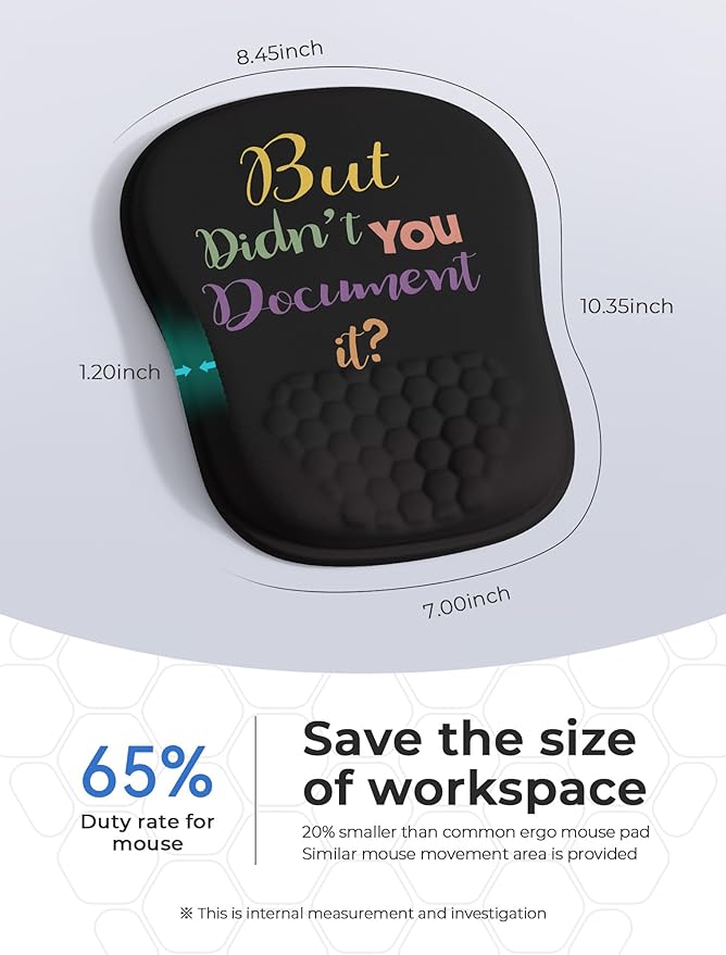 But Didn't You Document It Funny Office Ergonomic Mouse Pad for Carpal Tunnel Pain Relief 65% Usable Mouse Area Memory Foam Wrist Rest for for Office PC Gaming