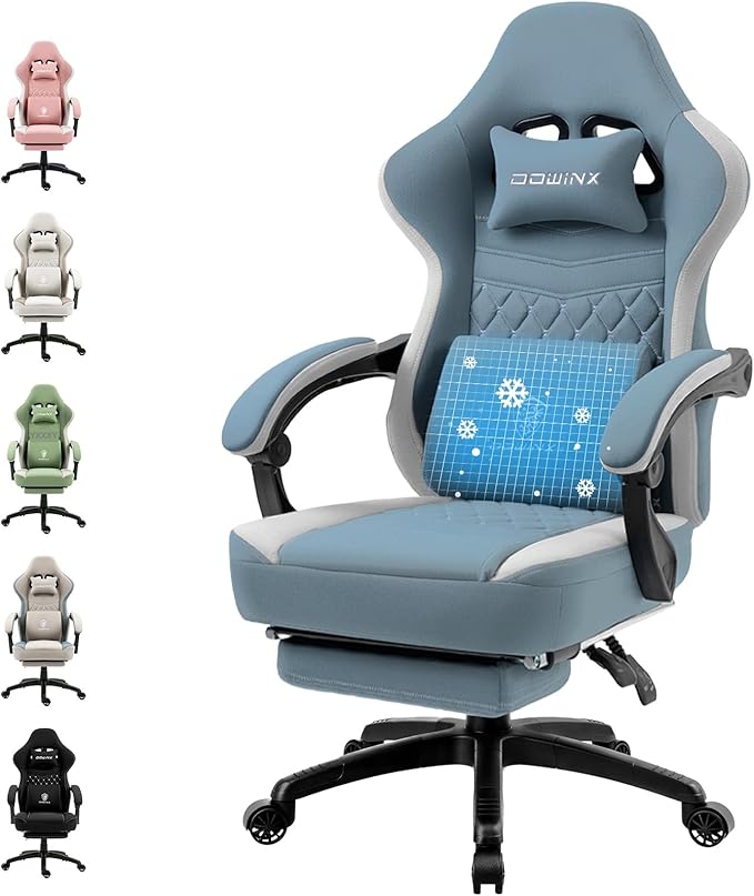 Dowinx Gaming Chair Breathable Fabric Game Chair with Gel Pad and Storage Bag Comfortable Gamer Chair with Pocket Spring CushionErgonomic Computer Chair with FootrestBlue