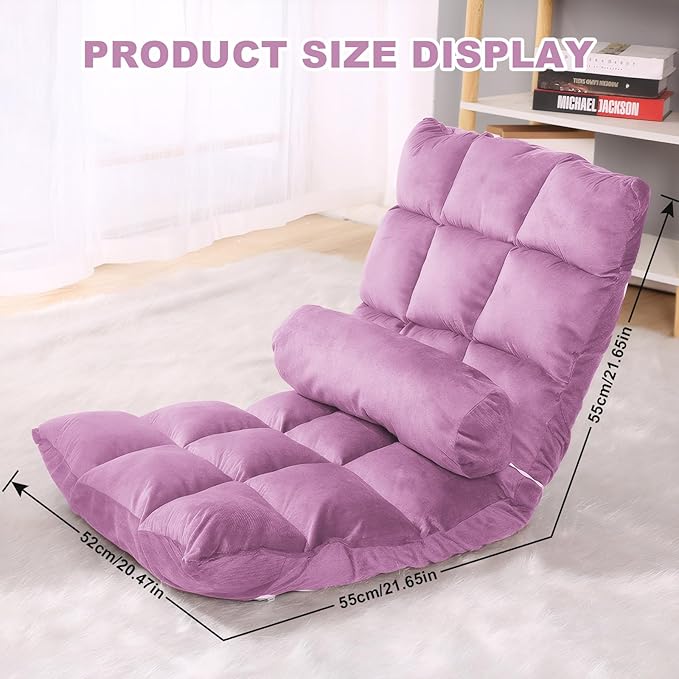 Folding Floor Chair 5-Position Cushioned Adjustable Lazy Sofa Foldable Floor Lounger for Adults Kids Gaming Reading Meditating (Purple)