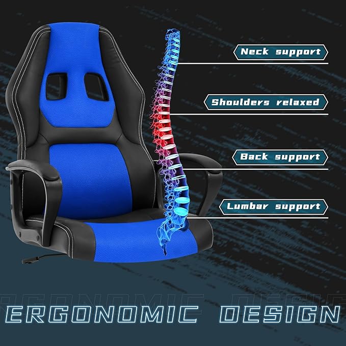 High-Back Racing Gaming Chair with Massage Lumbar Support - Ergonomic Adjustable Swivel - Black PU Leather - Perfect for Home Office or Gaming (Blue)