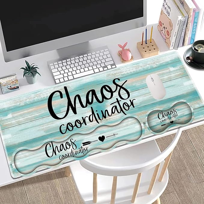 Large Gaming Mouse Pad + Keyboard Wrist Rest + Wrist Support + Coaster Set Memory Foam Ergonomic for Easy Typing XXL Extended Gaming Mouse Pad Table Pad - Chaos Coordinator