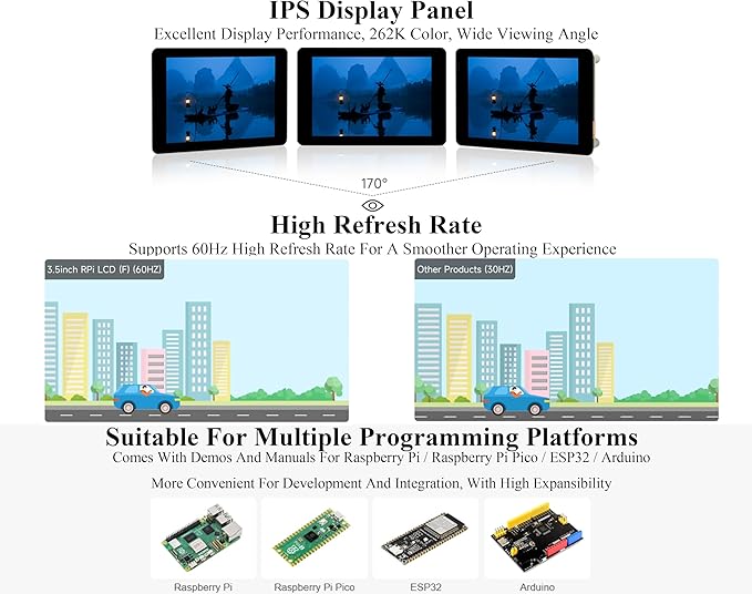 3.5inch Capacitive Touch Display Compatible with Pi 5/4B/3B+/3B/Pico W/Pico 2W/ ESP32  IPS LCD Screen 320×480 Resolution 262K Color Pigo Pin Header and GH1.25 13PIN Cable Two Connection Ways