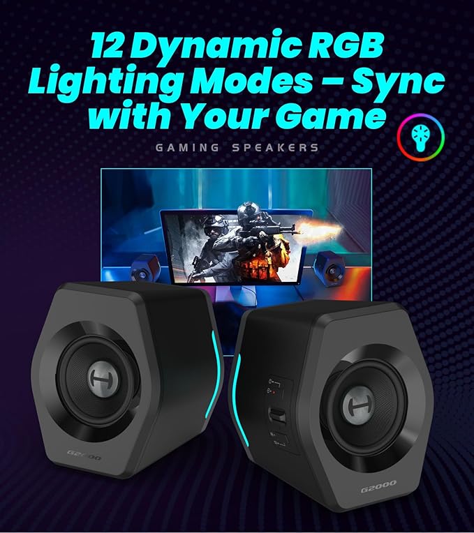 Edifier G2000 RGB Gaming Speakers 32W Peak Power Compact Design for PC/PS4/Desktop Bluetooth 5.1 3.5mm AUX Game/Movie/Music Modes 12 RGB Lighting Effects - Black