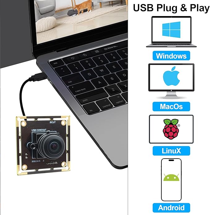 Magnolia 1.3MP Low Light USB Camera Module Wide Angle Webcam with 180 Degree Fisheye Lens AR0130 Mini Lightburn Camera Embedded Industrial Webcam Board for Raspberry PiJetson Nano