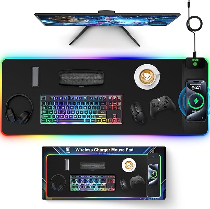 Magnetic Charging Mouse Pad 31.5x11.81 Inch XL Gaming Mousepad 11+5 RGB Lighting Modes Home Office Large Desk Pad with Ultra-Smooth Surface Non-Slip Waterproof Keyboard Pad Classic Black Desk Mat