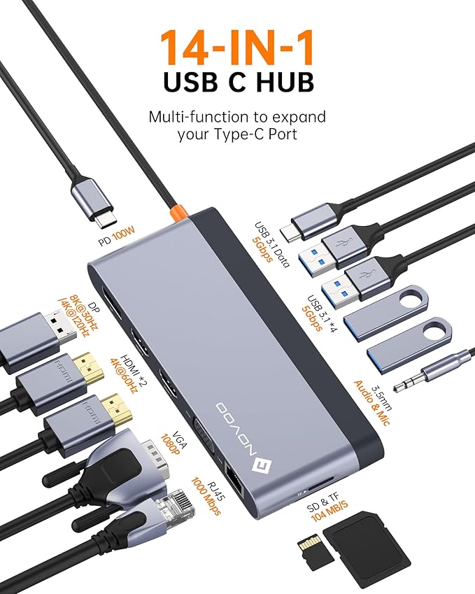 USB C Docking Station Quad Display 14-in-1 Laptop Docking Station Dual Monitor 8K@30Hz DP Dual 4K@60Hz HDMI VGA 5 USB Data Ports 100W PD Ethernet SD/TF Mic/Audio USB C HUB Thunderbolt Dock