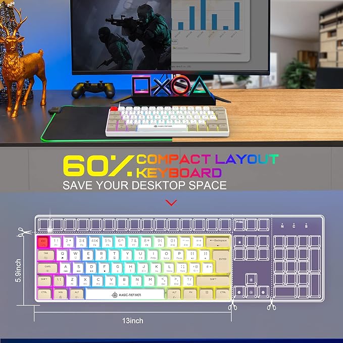 LexonElec 60% Mechanical Gaming Keyboard Blue Switches RGB Backlit Compact Mechanical Keyboard PBT Dye-Sub XDA Keycaps 62-Key Anti-Ghosting Mini Keyboard for Win/Mac/PS4/PC