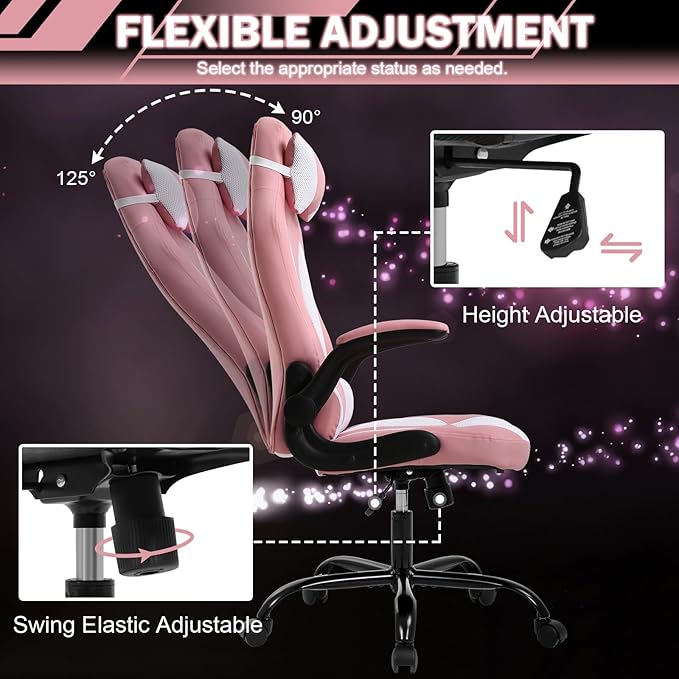 Gaming Chair Racing Chair with Lumbar Support - High Comfort PU Leather Ergonomic Office Desk &amp PC Gaming Chair for Adults Men Women - Flip-Up Arms &amp Headrest Pink
