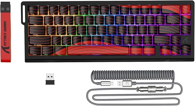 MAMBASNAKE Attack Shark X68PRO HE Rapid Trigger Wireless Keyboard 0.01mm RT Accuracy 8000Hz Wired Gaming Keyboard Adjustable Actuation Snap Tap RGB Backlit Magnetic Switch C01 Coiled Cable -Red