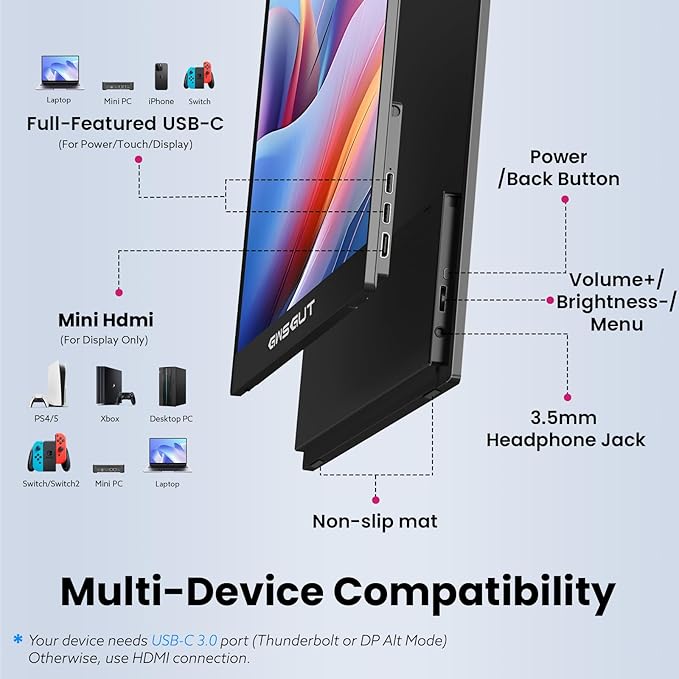 Portable Monitor Touchscreen 15.6'' FHD 1080P USB-C HDMI Ultra-Slim Gaming Display Built-in Stand Speakers HDR IPSfor Laptop PC Mac Phone PS4/5 Travel Monitors (1080p Touchscreen 15.6)