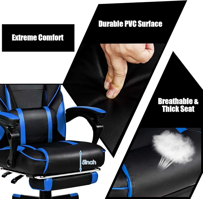 POWERSTONE Gaming Chair Adjustable High Back PU Computer Chair with Footrest Massage Lumbar Support Headrest Thick Armrest Rolling Swivel Desk Chair Navy Blue