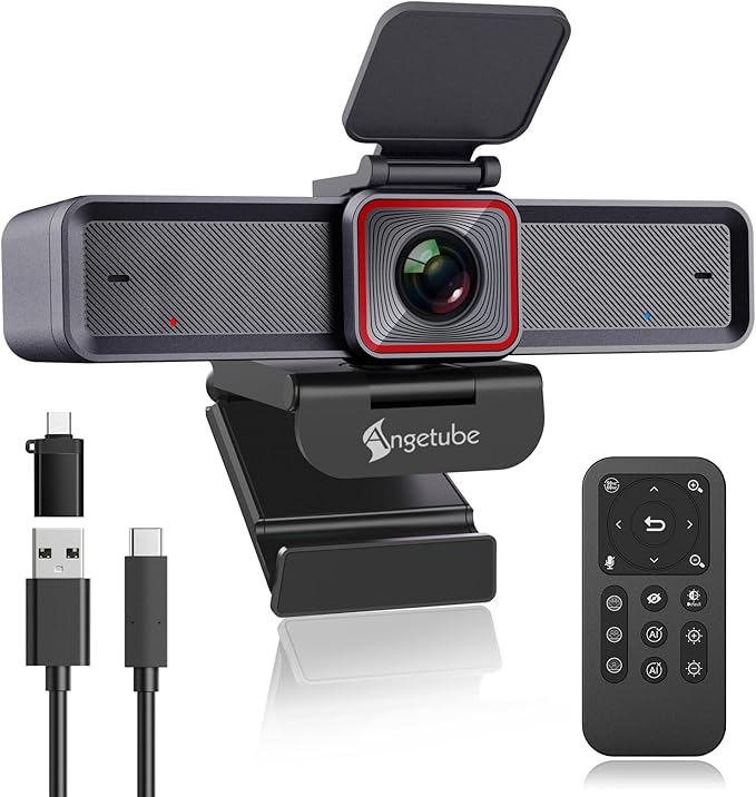 Angetube 4K Webcam with AI TrackingRemote Control 4K Web Camera/10X Digital Zoom 1080P 60fps Web cam with USB 3.0 HDR/Dual Noise Cancelling Microphones for Video Calls/Meetings/Streaming/Skype/Zoom