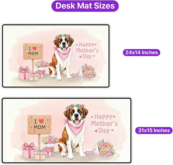 Happy Mother's Day Saint Bernard Love Dog Mom Heart Flower Desk Mat Full Keyboard Mouse Pad St Dog Lover Large Mousepad 12004