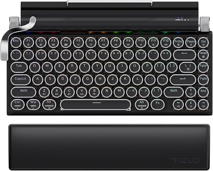 7KEYS Typewriter Keyboard Wireless Retro Style Vintage Classical Mechanical Keyboard with Bluetooth for IPAD PC/Laptop Mac/Phone (Black+Wrist)