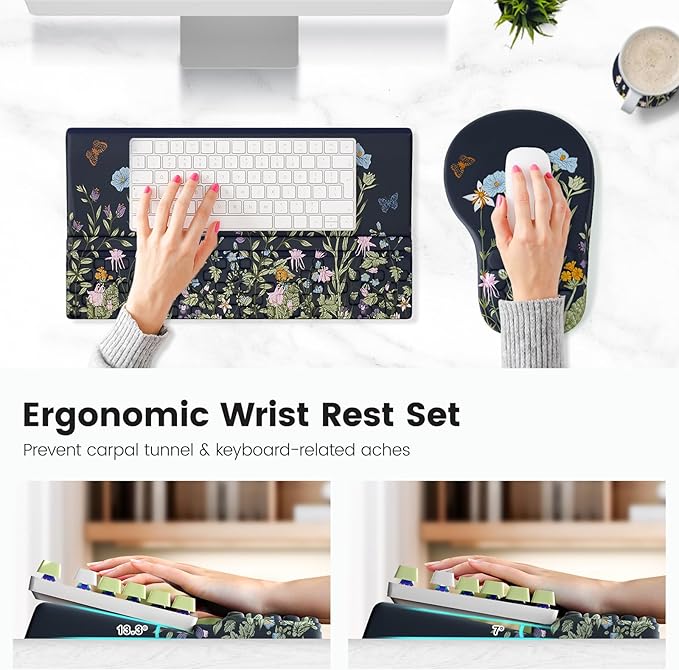 Ospelelf Ergonomic Mouse Pad and Keyboard Stand Wrist Rest Set Memory Foam Comfort Pain Relief for Typing Office Desk Accessories Moonlit Blossoms