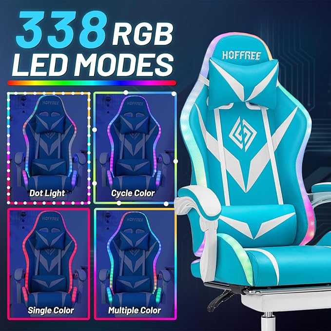HOFFREE Gaming Chair Massage with Bluetooth Speakers and Led Lights Ergonomic Computer Gaming Chair with Footrest Cute Video Game Chair for Gaming Room Light Blue and White