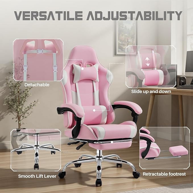edx Ergonomic Gaming Chair PU Leather Office Computer Chair with Footrest Headrest Linkage Armrests Height Adjustable 360° Swivel Reclining (Pink)