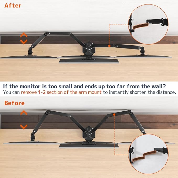 PUTORSEN Quad Monitor Mount for up to 49’’ Ultrawide on Top Bracket and 27’’ Screens on Lower Brackets Holds up to 44lbs Quad Monitor Stand with Gas Spring C-Clamp &amp Grommet Base