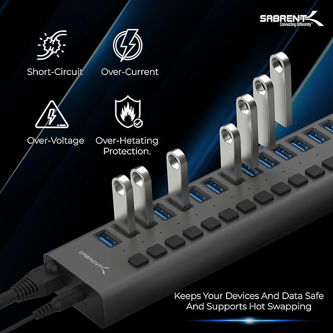 SABRENT 16-Port USB 3.0 Data Hub and Charger with Individual Power Switches 90W High-Power Output (HB-PU16)