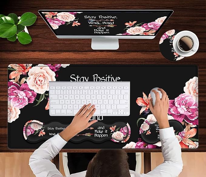Large Mouse Pad with Wrist Support SetMemory Foam Keyboard Wrist Rest +XXL Extended Gaming Mouse Pad + Ergonomic Mouse Wrist PadPeony Flower Inspirational Quotes Office Black Desk Pad for Women Men