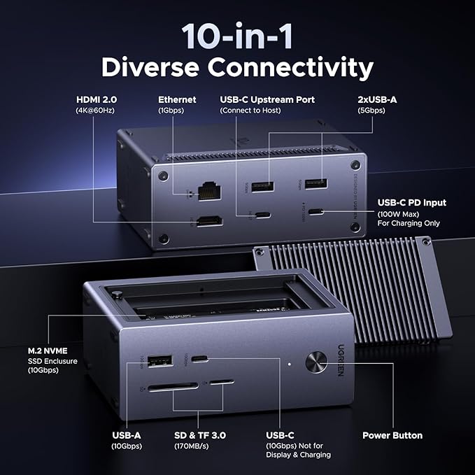 UGREEN Revodok NVMe Docking Station 10-in-1 USB-C Hub 4K@60Hz HDMI M.2 NVMe SSD Enclosure 10Gbps USB-C/A 100W PD Charging Gigabit Ethernet SD/TF for MacBook M5 Mac mini M4 Windows Laptop