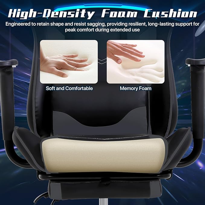 Ergonomic Gaming Chair with Footrest High Back PU Leather Office Desk Chair for Adults Teens Rolling Swivel Computer Chair (Grey)
