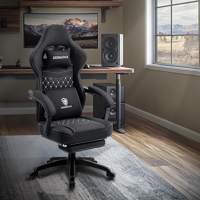 Dowinx Gaming Chair Breathable Fabric with Gel Pad Ergonomic Game Chair with Pocket Spring Cushion Comfortable Office Chair with Footrest and Storage Bag for Adults Black