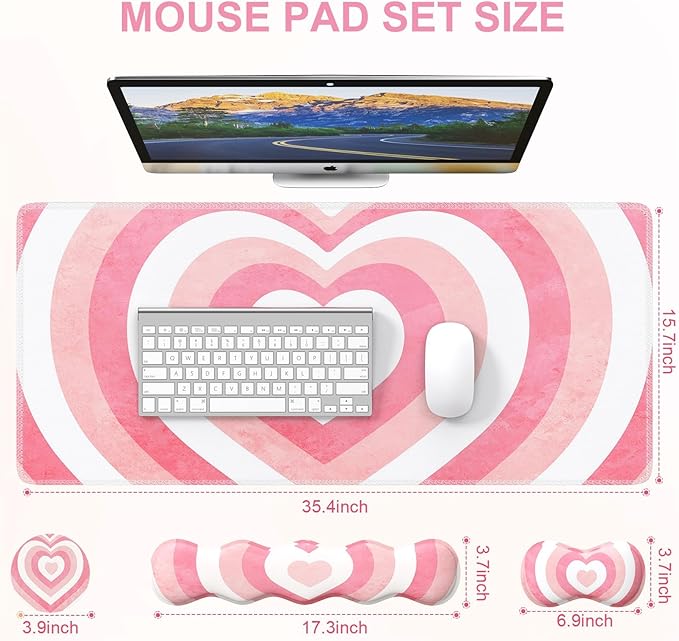 iLeadon Keyboard Mouse Pad Set Large Gaming Mouse Pad + Keyboard Wrist Rest + Mouse Pad with Wrist Support + Coaster Easy Typing Pain Relief Desk Mat Set Valentines Day present for Her Pink Heart