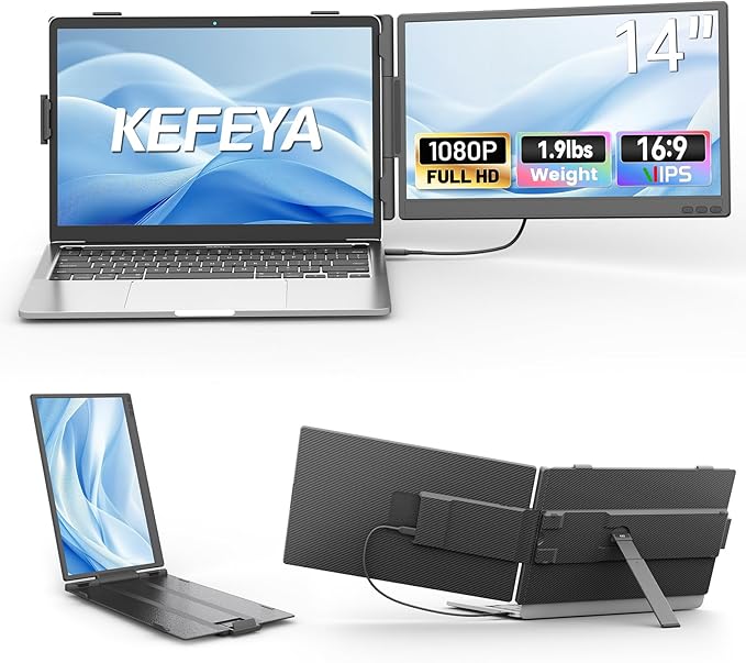 KEFEYA Laptop Screen Extender 14 FHD 1080P IPS Dual Laptop Monitor Extender Portable Monitor Plug &amp Play USB-C/HDMI/USB-A for 13-17 Laptops Work with Windows/MacBook/Switch/PS5