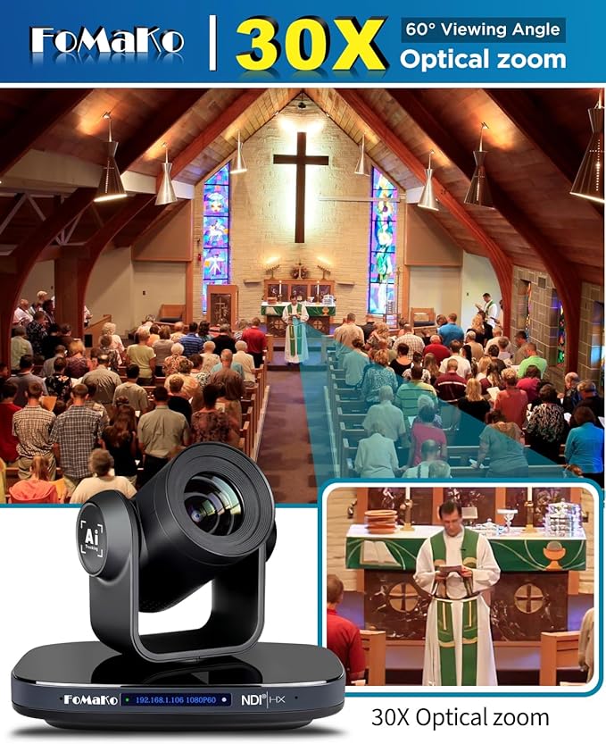 FoMaKo NDI PTZ Camera 3G-SDI HDMI 30X Optical Zoom1080P60 AI Auto-Tracking USB3.0 Type-C 3G-SDI HDMI for Church Worship (Official NDI 6 &amp NDI HX3 Certified) KN30Black Color