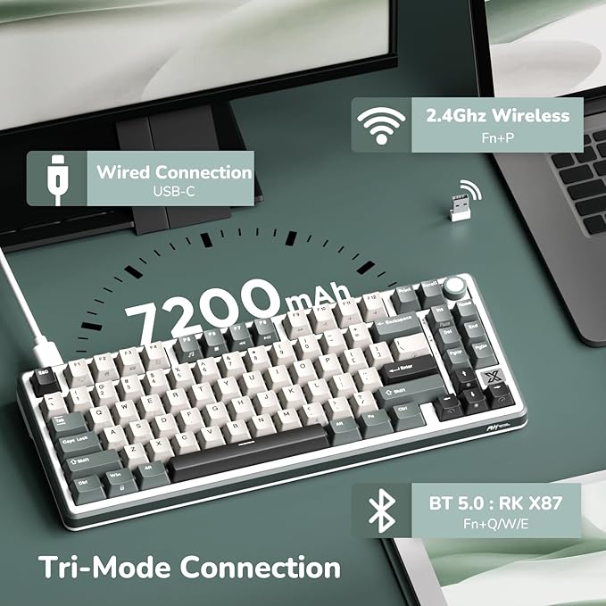 RK ROYAL KLUDGE X87 Gasket Mechanical Keyboard 75% Wireless Gaming Keyboard with Touchable X-Plate &amp Volume Knob Bluetooth/2.4GHz/Wired Hot Swappable RGB Backlit (Green Light Switch)