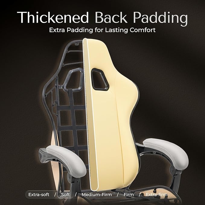 Gaming Chair Fabric with Pocket Spring Custion Ergonomic High Back Video Game Chair with Footrest Massage Lumbar Support Height Adjustable Comfy Computer Chair for Adults Game Beige White