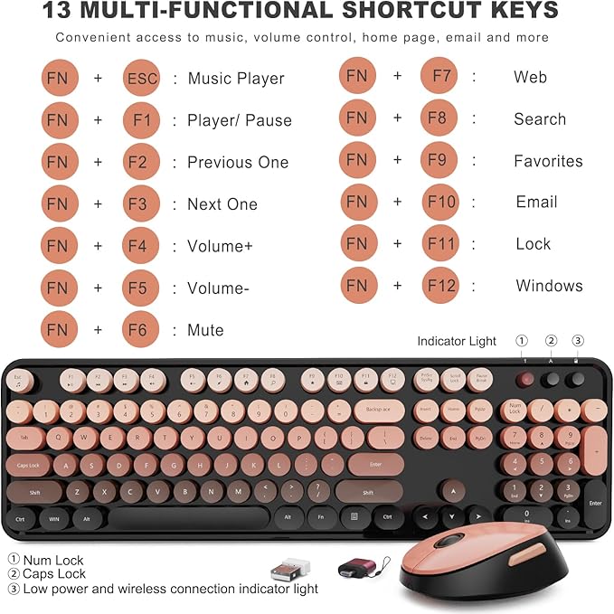 Wireless Keyboard and Mouse Combo Ergonomic Full Size Typewriter Retro Round Keycaps Keyboard Compatible with Windows PC Perfer for Home and Office Keyboards (Aurora Red)